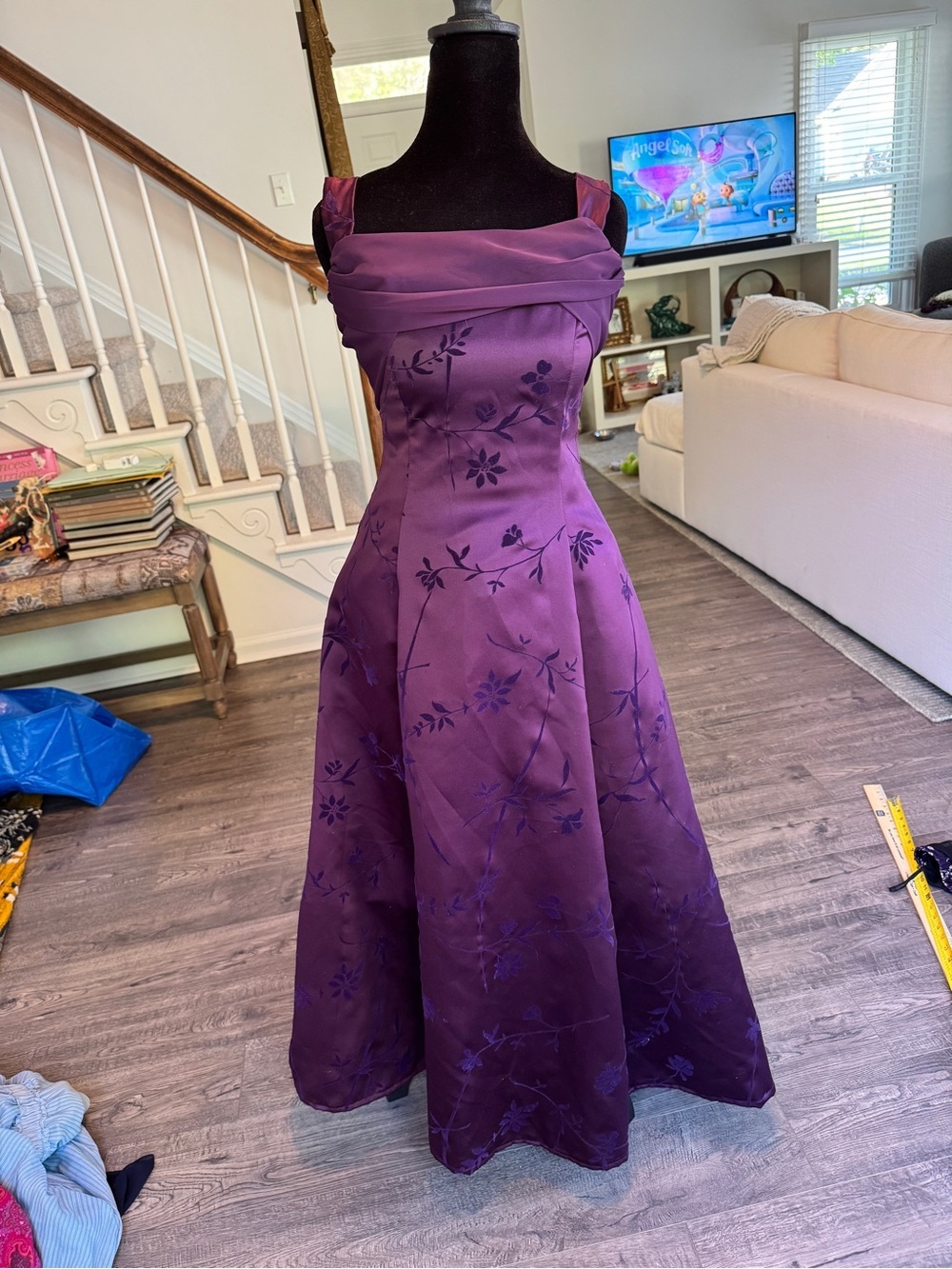 Betsy & Adam Purple Floral Maxi Dress with Tulle Underlay